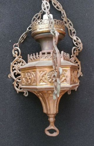 VNTG Antique Brass Gothic Church Art Deco Hanging Light Fixture Ornate Lamp 4