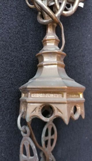 VNTG Antique Brass Gothic Church Art Deco Hanging Light Fixture Ornate Lamp 9
