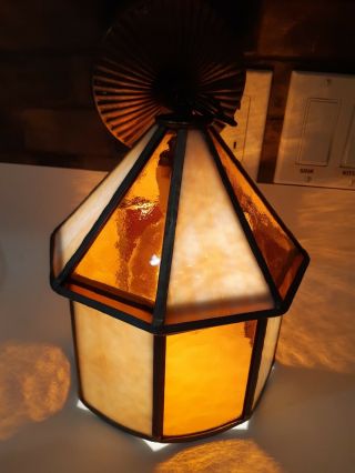Vintage Amber Slag Glass Porch Entry Ceiling Light Fixture Arts & Crafts Mission 2