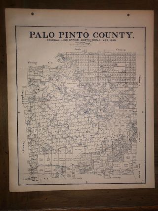 1898 Palo Pinto County Texas Map Land Office Austin Blue Line Antique Vintage