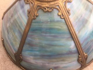 Vintage Antique Blue Slag Glass Shade Table Lamp 6 Panel Ornate Brass 4