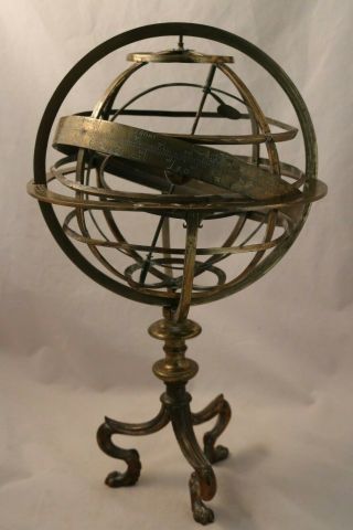 Antique Brass Armillary Sphere On Tripod Pawfoot Base