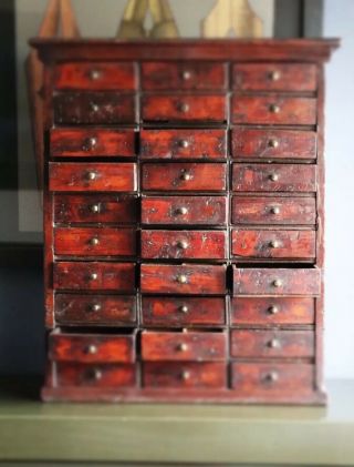 Antique 19th Century Apothecary Or Watchmakers Bank Of 30 Drawers aged patina 10
