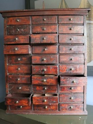 Antique 19th Century Apothecary Or Watchmakers Bank Of 30 Drawers aged patina 11