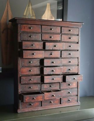 Antique 19th Century Apothecary Or Watchmakers Bank Of 30 Drawers Aged Patina