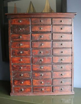 Antique 19th Century Apothecary Or Watchmakers Bank Of 30 Drawers aged patina 5