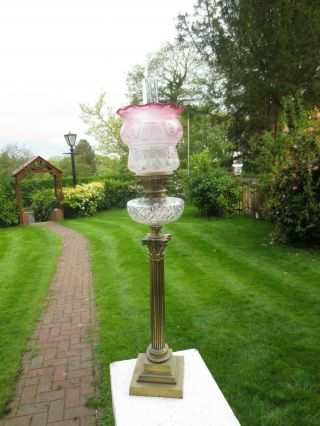 ANTIQUE VICTORIAN CRANBERRY GLASS ACID ETCHED TULIP DUPLEX OIL LAMP SHADE 11