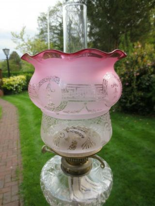 Antique Victorian Cranberry Glass Acid Etched Tulip Duplex Oil Lamp Shade