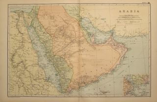 1898 Antique Map Arabia Yemen Strait Of Bab - El - Mandeb Jerusalem