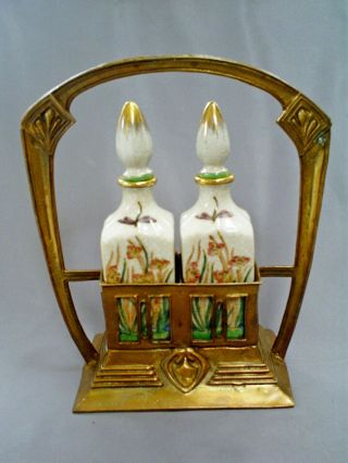 Jbt 1906 Art Nouveau Jugendstil Style Ceramic Oil & Vinegar Set In Brass Holder