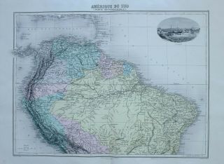 1890 Hand Coloured Map Northern South America Brazil Ecuador Vignette Curacao