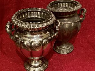 Pair LARGE Antique Silver Plated On Brass Victorian SERPENT Handled Ewers Urns 11