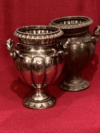 Pair Large Antique Silver Plated On Brass Victorian Serpent Handled Ewers Urns