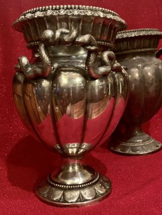 Pair LARGE Antique Silver Plated On Brass Victorian SERPENT Handled Ewers Urns 5