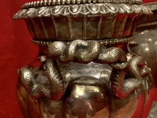 Pair LARGE Antique Silver Plated On Brass Victorian SERPENT Handled Ewers Urns 6