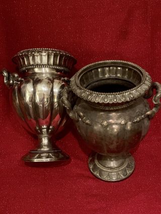 Pair LARGE Antique Silver Plated On Brass Victorian SERPENT Handled Ewers Urns 7
