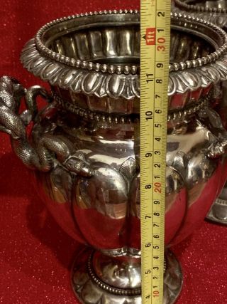 Pair LARGE Antique Silver Plated On Brass Victorian SERPENT Handled Ewers Urns 9