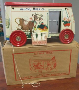 Vintage The Gong Bell Mfg Co Health Milk Co 123 Truck Pull Toy W/orig Box