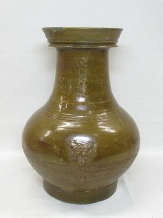 H647: Chinese BIG vase of old pottery with green glaze of Han Dynasty age. 4