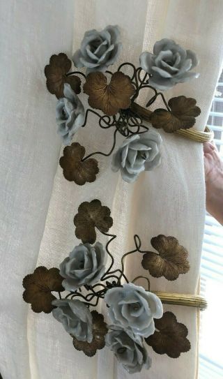 Six Antique Brass Curtain Tie - Backs With Flowers