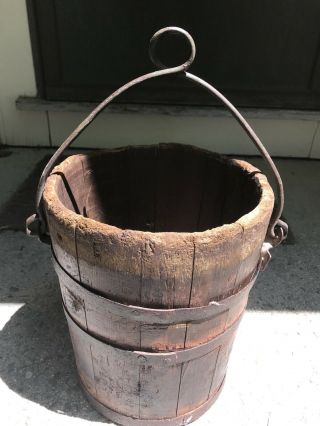 Antique/Vintage Primitive Wood Well Bucket Iron Handle and Banding 12