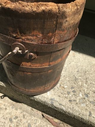 Antique/Vintage Primitive Wood Well Bucket Iron Handle and Banding 3