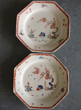 2 Antique Bow Porcelain 18th C.  Plates Bowls Dishes Kakiemon Two Quails Pattern