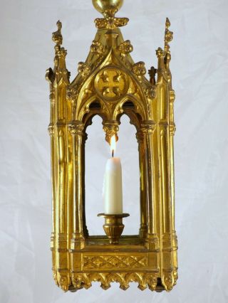 Late 19th - Antique Gilded Brass French Chandelier Lantern Pendant Religious
