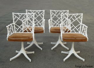 Four Mid Century Modern White Swivel Chippendale Chairs Cast Iron
