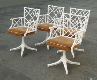 Four Mid Century Modern White Swivel Chippendale Chairs Cast Iron 2