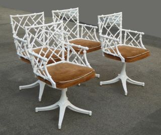 Four Mid Century Modern White Swivel Chippendale Chairs Cast Iron 3