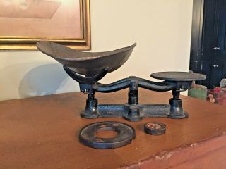 Antique Vtg Mercantile Cast Iron Balance Scale Tin Pan Counter Weights Candy