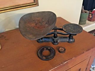 Antique Vtg Mercantile Cast Iron Balance Scale Tin Pan Counter Weights Candy 5