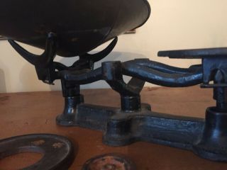 Antique Vtg Mercantile Cast Iron Balance Scale Tin Pan Counter Weights Candy 6