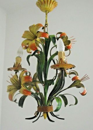 Fabulous Vintage French Orange Lily Tied Bouquet Toleware 3 Light Chandelier1356