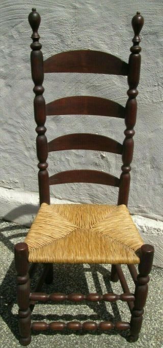Antique American Signed Ladder Back Sausage Turned Chair Old Patina Circa 1760