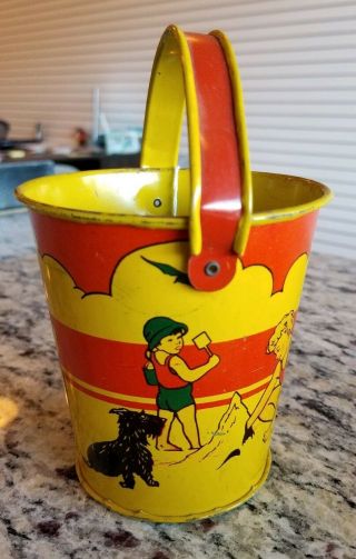 VINTAGE TIN LITHO SAND PAIL 1920s SEASIDE BEACH SCOTTIE DOG SANDCASTLES KIRCHHOF 2