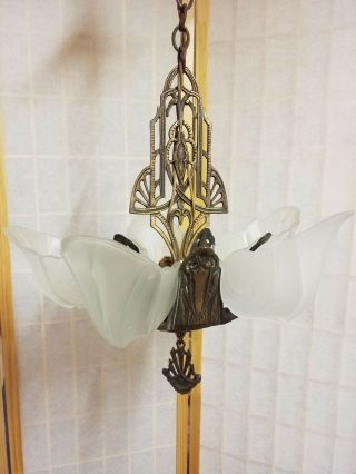 VINTAGE ART DECO SLIP SHADE 5 LIGHT CHANDELIER CAST IRON AND BRASS 17 