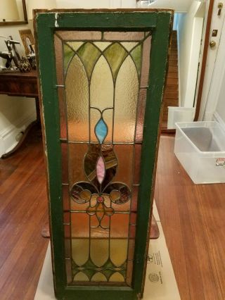 Antique Leaded Stained Glass Window Panel Frame Reclaim Salvage 46 "