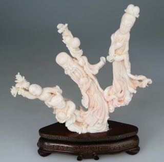 ANTIQUE CHINESE PINK ANGEL SKIN CORAL STATUE FIGURE KWANYIN CARVED no red 19TH 10