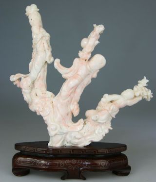 ANTIQUE CHINESE PINK ANGEL SKIN CORAL STATUE FIGURE KWANYIN CARVED no red 19TH 8