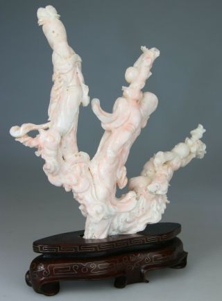 ANTIQUE CHINESE PINK ANGEL SKIN CORAL STATUE FIGURE KWANYIN CARVED no red 19TH 9