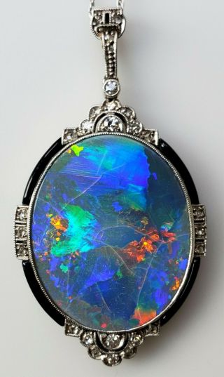 Antique Art - Deco Natural Opal & Diamond Platinum 14k White Gold Pendant Necklace