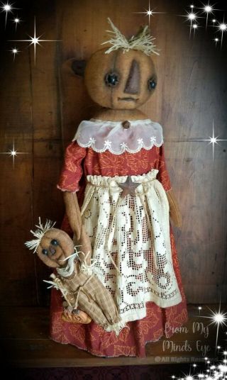 ☆primitive Folk Art Halloween Fall Pumpkin Scarecrow Jol Ooak Signed Art Doll☆