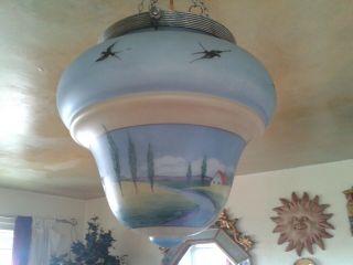 QUIRKY RARE LARGE 1910s ART DECO HAND PAINTED CEILING LIGHT PENDANT SHADE 2