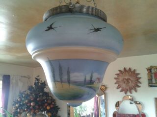 QUIRKY RARE LARGE 1910s ART DECO HAND PAINTED CEILING LIGHT PENDANT SHADE 3