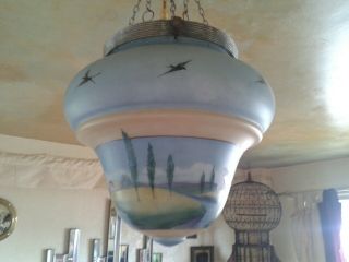 QUIRKY RARE LARGE 1910s ART DECO HAND PAINTED CEILING LIGHT PENDANT SHADE 6