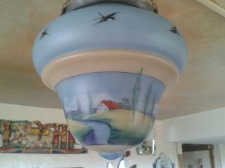 QUIRKY RARE LARGE 1910s ART DECO HAND PAINTED CEILING LIGHT PENDANT SHADE 7