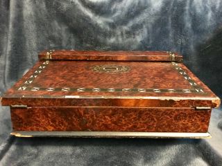 Antique Writing Travel Lap Desk Letter Box Inlaid Burl Wood Double Ink Wells 11