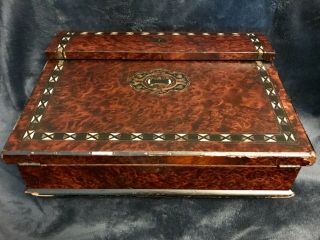 Antique Writing Travel Lap Desk Letter Box Inlaid Burl Wood Double Ink Wells